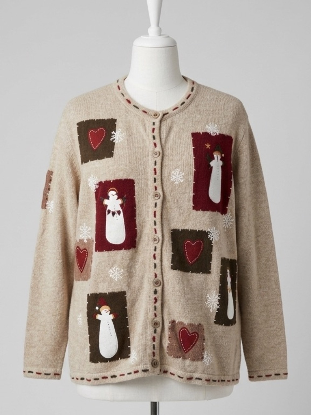 Croft & Barrow Vintage Snowman Hearts Knit Cardigan Sweater Size 1X Cozy Winter